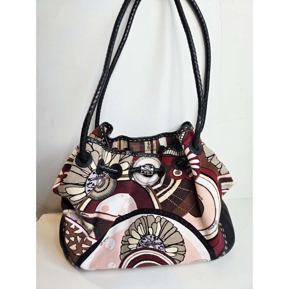Brighton Canvas  & Leather Cinch Shoulder Satchel Slouchy Bag‎ Floral Braided